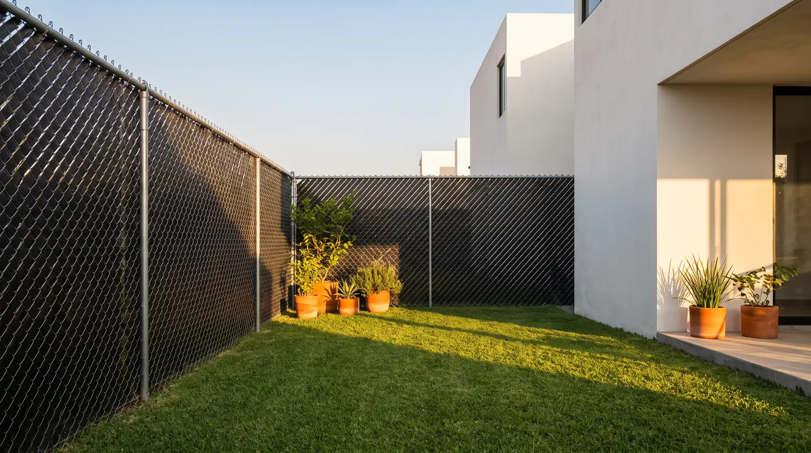 Jardín residencial cerrado con malla ciclónica y cinta de privacidad negra