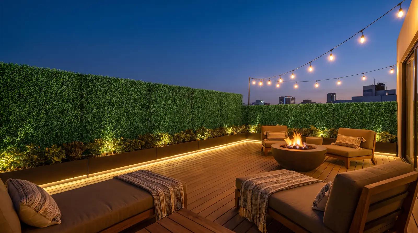 Terraza en azotea con muros de follaje artificial al anochecer