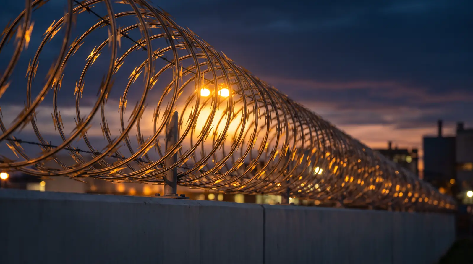 Concertina de acero galvanizado sobre una barda, a contraluz del atardecer