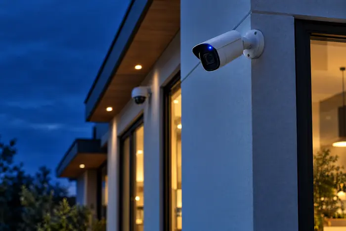 Cámara de seguridad en la esquina de una fachada moderna
