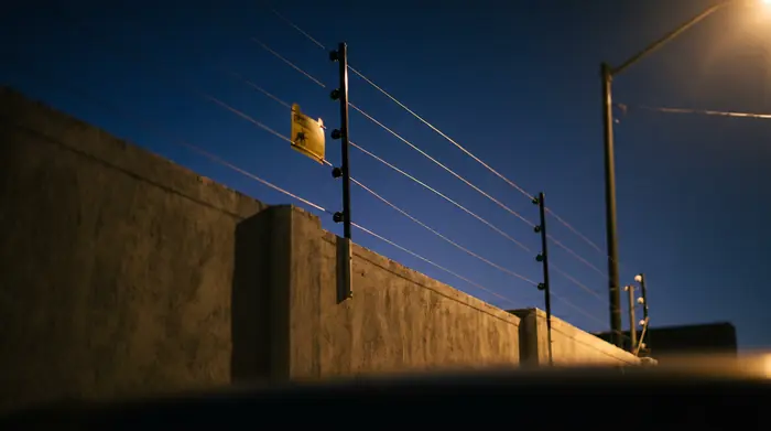 Cerco eléctrico sobre una barda al anochecer