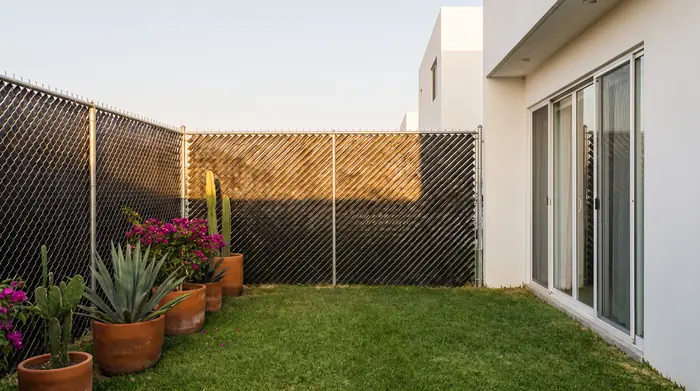 Malla ciclónica con cinta de privacidad negra en un jardín