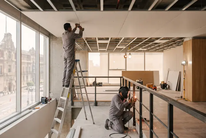 Equipo de mantenimiento instalando plafón y soldando un barandal