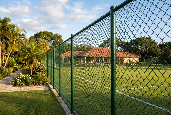 Malla recubierta de PVC verde alrededor de un campo deportivo